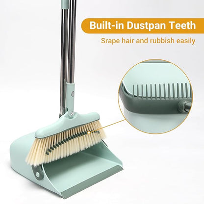 Broom and Dustpan Set,Long Handle Broom and Dustpan Set,Broom with Stand Up Dustpan Combo Set,for Home, Office, Lobby(Coffce)