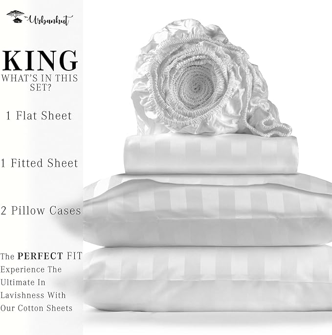 URBANHUT 800 Thread Count Egyptian Cotton Damask Striped King Size Sheets Set (4 Pc) - Ultra Soft & Smooth, Sateen Weave King Sheet, Luxury Hotel Sheets with 16" Deep Pocket - White