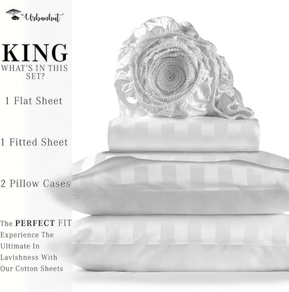 URBANHUT 800 Thread Count Egyptian Cotton Damask Striped King Size Sheets Set (4 Pc) - Ultra Soft & Smooth, Sateen Weave King Sheet, Luxury Hotel Sheets with 16" Deep Pocket - White