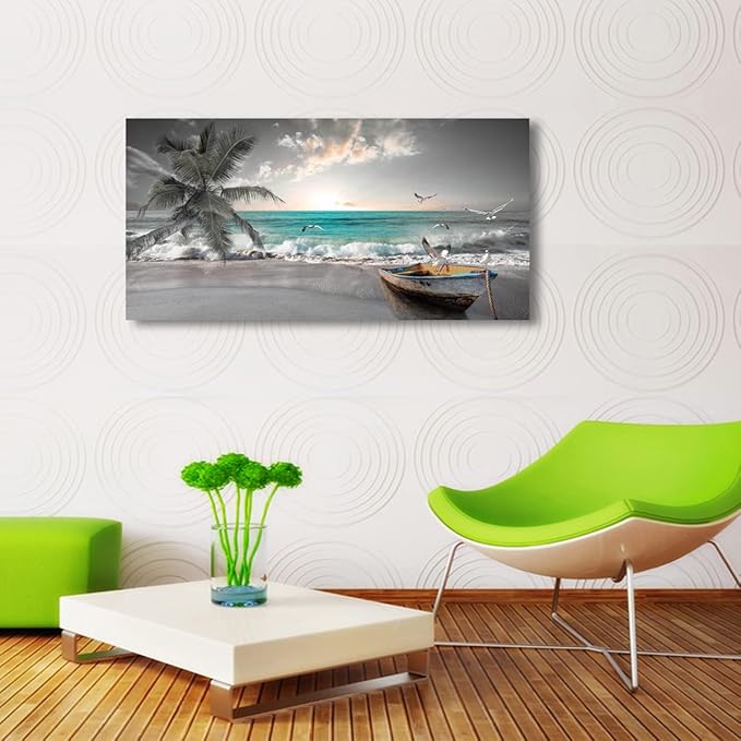 Beach Sea Wave Pictures Canvas Wall Art For Living Room Bedroom Wall Decor,Sea Wave Wall Art Print Paitnings For Home Decor,Morden Artwork Palm Boat Canvas Art Waterproof Ready To Hang-20X40Inches