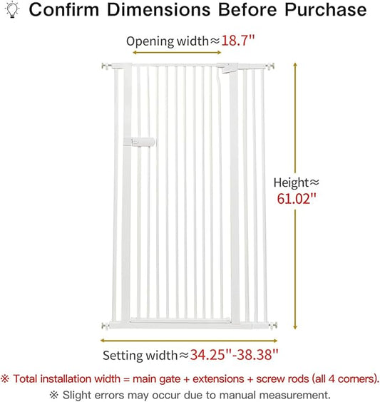 Lumizone Extra Tall Cat Gate 61.02" High Pressure Mounted Extra Wide 2025 New (17 Sizes) 1.37" Gap No Drilling Auto-Close One-Handed Operation Tall Pet Gate for Dogs(White, 61.02" H x 34.25"-38.38" W)