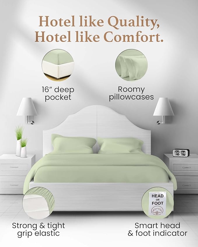 Good Sleep Bedding Twin XL Sheet - 1000 Thread Count, 100% Egyptian Cotton Sheets, 4Pc, Twin XL Sheet Set, Cooling Bed Sheets, Sateen Wave, Luxury Twin XL Sheets College Dorm Fits 16" - Sage