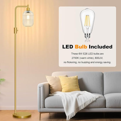 【Upgraded】 Dimmable Glass Floor Lamp for Living Room, Modern Gold Standing Lamp with Clear Ribbed Glass Lampshade & Knob Dimmer, Arc Tall Lamp for Bedroom Office Reading Room, 2700K Led Bulb Included