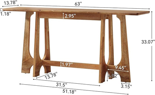63-Inch Solid Wood Console Table, Farmhouse Long Sofa Table Behind Couch with Geometric Base for Entryway, Entrance, Living Room, Walnut Brown