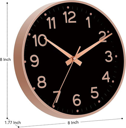 Wall Clock, Silent Wall Clocks Battery Operated 8 Inch-Modern Non Ticking Analog Clock Decorative for Kitchen Office Bathroom Bedroom(Black Rose Gold)
