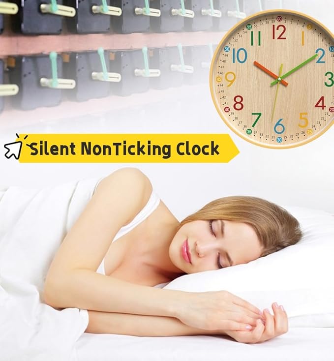 MO-N Silent 12-Inch Wall Clock, Non-Ticking Battery Operated Colorful Clock for Classroom, Bedroom, School, Analog Wall Clock for Time Teaching. (A Type)
