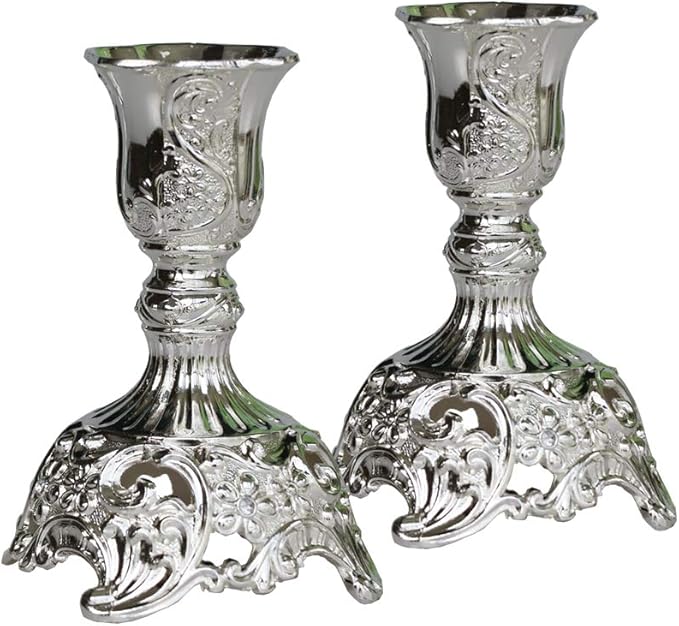Silver Taper Candle Holders with Deluxe Engraved Design, Set of 2 Premium Metal Silver Candlestick Holders (Silver)