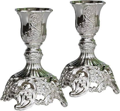 Silver Taper Candle Holders with Deluxe Engraved Design, Set of 2 Premium Metal Silver Candlestick Holders (Silver)