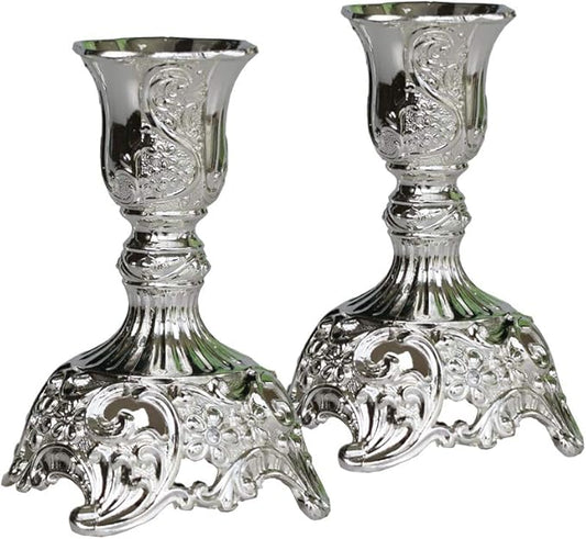 Silver Taper Candle Holders with Deluxe Engraved Design, Set of 2 Premium Metal Silver Candlestick Holders (Silver)