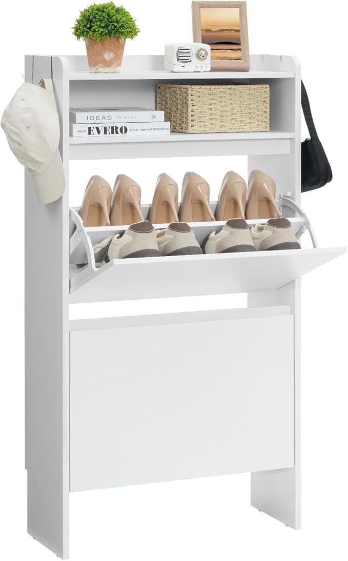 Shoe Cabinet Organizer with 2 Flip Drawers，Freestanding Shoe Rack Cabinet，Narrow Shoe Cabinet Storage for entryway, Foyer, Hallway, White, 23.6" W