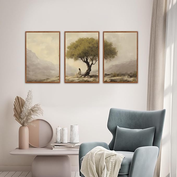 HLNIUC Jesus Framed Canvas Wall Art,Religious Christian Olive Poster,Vintage Mountain Natural Landscape Painting,Christian God Bible Story Canvas Art Print for Living Room Bedroom Church-16 x24 x3