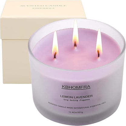 Scented Soy Wax Candle, 12.4 Oz Glass Jar, 70+ Hours Burn Time, Natural Essential Oils, Cotton Wick, Long Lasting Fragrance, Modern Contemporary Style (Lemon Lavender 2Pack)