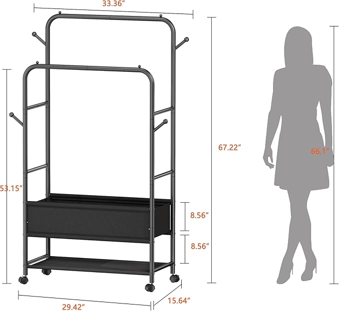 Clothing Racks for Hanging Clothes, Portable Clothing Rack with Wheels Rolling Clothes Racks, Black Garment Racks-Storage Box