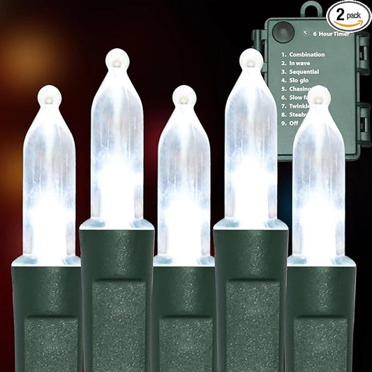 100LED Mini Lights,Green Wire,Waterproof Battery Case,Multi Functions,Timer,Cool White（2 Sets - Each 50 Count LED）