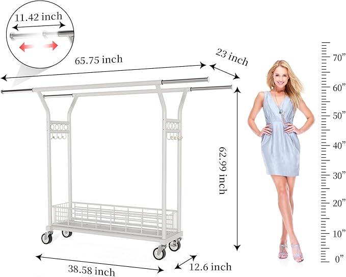 Heavy Duty Clothes Rack - Double Rod Clothing Racks with Wheels, Portable & Adjustable Garment Rack for Hanging Clothes, Rolling Clothes Rack Load 670LBS for Bedrooms, Laundry, Closet (White)
