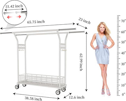 Heavy Duty Clothes Rack - Double Rod Clothing Racks with Wheels, Portable & Adjustable Garment Rack for Hanging Clothes, Rolling Clothes Rack Load 670LBS for Bedrooms, Laundry, Closet (White)