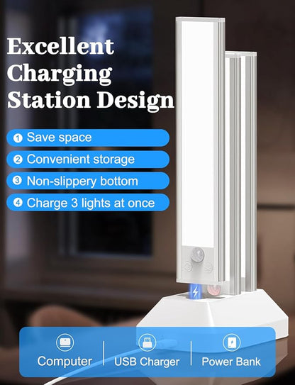 Under Cabinet Lighting with Charging Station, 2000mAh Rechargeable Motion Sensor Light Indoor, 3 Color Tempers Dimmable Closet Lights Wireless, Magnetic Under Cabinet Lights for Kitchen, 3-Pack