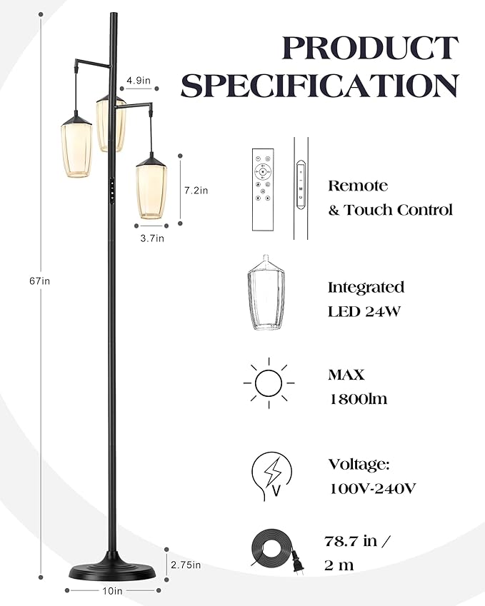 ELYONA Modern Dimmable Floor Lamp, 3-Light Standing Lamp with Remote & Touch Control, Stepless Adjustable 2200K-6500K Colors & Brightness 24W LED Reading Light for Bedroom Living Room Office, Black