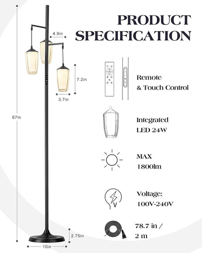 ELYONA Modern Dimmable Floor Lamp, 3-Light Standing Lamp with Remote & Touch Control, Stepless Adjustable 2200K-6500K Colors & Brightness 24W LED Reading Light for Bedroom Living Room Office, Black