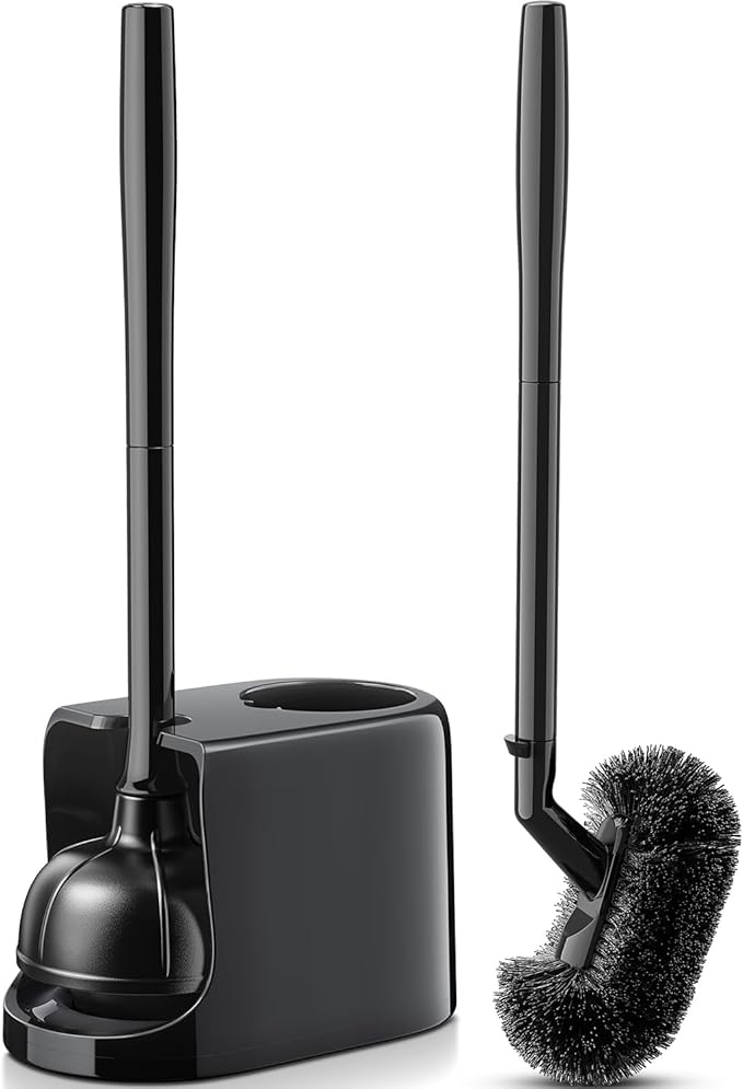 HAMITOR Toilet Plunger and Brush Set for Bathroom Cleaning with Extented Handle - Heavy Duty Toilet Plunger Combo Accessories with Caddy Stand Holder for Small Space - Black