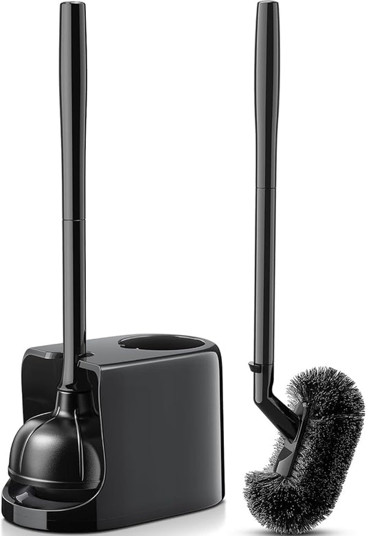 HAMITOR Toilet Plunger and Brush Set for Bathroom Cleaning with Extented Handle - Heavy Duty Toilet Plunger Combo Accessories with Caddy Stand Holder for Small Space - Black