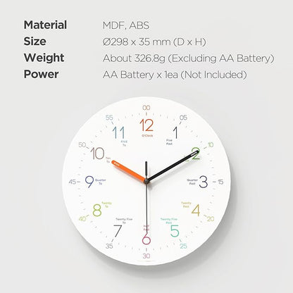 mooas Kids Easy Learning Flatwood Wall Clock,12" Wood Clock for Kids Learning Non-Ticking Sweep Movement Decorative Clock Battery Operated Wall Clock for Home Living Room Bedroom School
