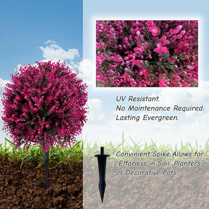 Artificial Boxwood Topiary Ball Tree with Ground Spike 27.5", Set of 2 Outdoor Faux Plants UV Resistant Fake Bushes Shrubs for Garden, Yard, Porch, Patio Decor (Hot Pink)