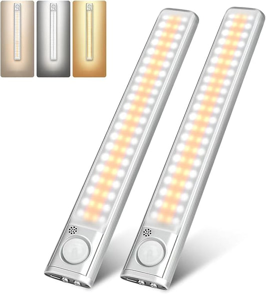 Under Cabinet Lighting, 80 LED Motion Sensor Light Indoor, Rechargeable Closet Light, 3 Color Temps Under Cabinet Lights, Wireless Dimmable Under Counter Lights for Kitchen, Pantry (2 Pack)