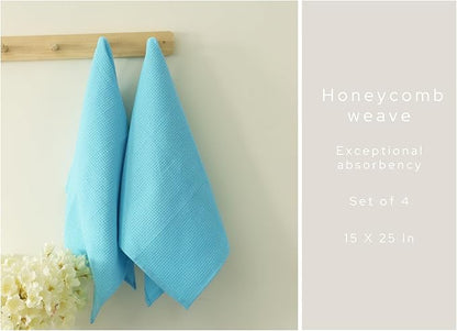PurpleEssences Waffle Weave Kitchen Towel, 100% Cotton - 15 x 25 Inches, with Hanging Loop Ultra Soft Absorbent Quick Drying Dish Cloth, Tea and Hand Towels, 4 Pack -Fall Thanksgiving - Aqua Blue