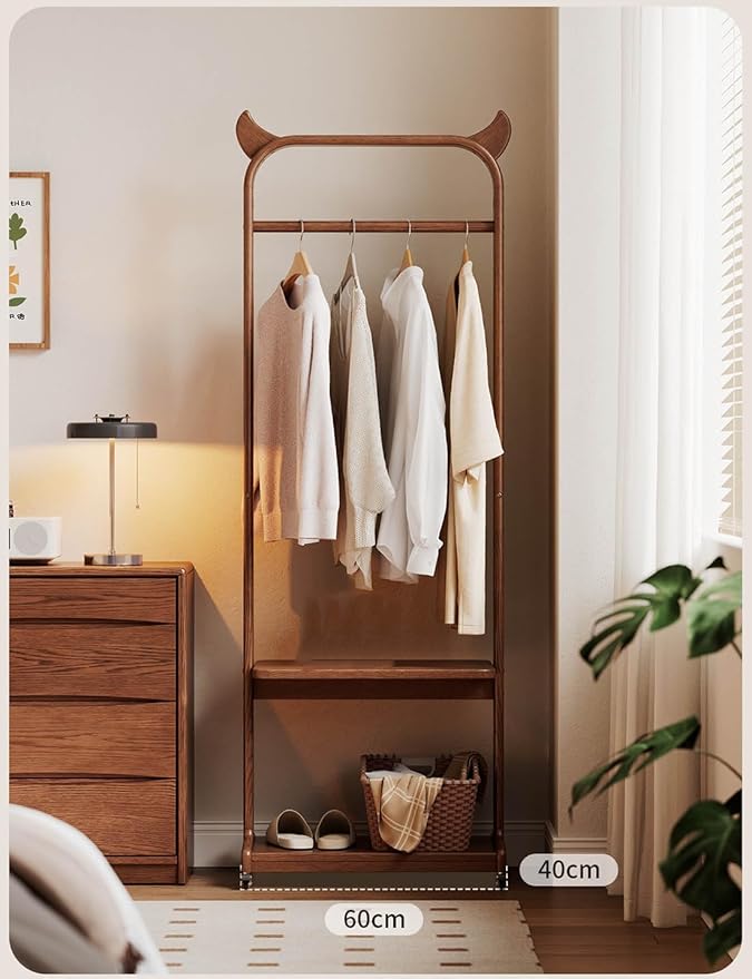 Solid Wood Clothes Rack for Hanging Clothes, Rolling Clothing Racks with Shelves, Portable Closet Organizer on Wheels Garment Rack (Walnut)