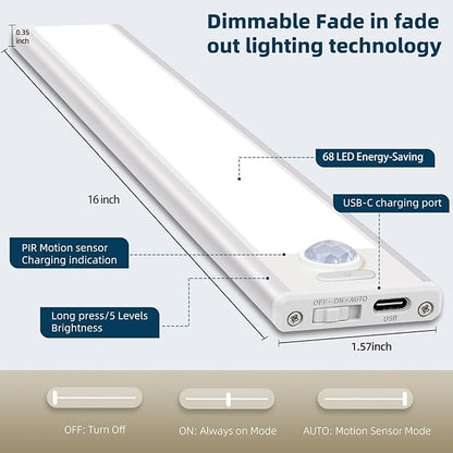 16inch Under Cabinet Lighting, 4 Pack Rechargeable Motion Sensor Light Indoor, Wireless Dimmable Magnetic Closet Lights, 68 LED Under Counter Lights for Kitchen, Wardrobe, Stairs, White Light