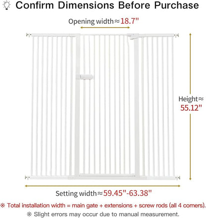 Lumizone Extra Tall Cat Gate 55.12" High Pressure Mounted Extra Wide 2025 New (17 Sizes) 1.37" Gap No Drilling Auto-Close One-Handed Operation Tall Pet Gate for Dogs(White, 55.12" H x 59.45"-63.38" W)