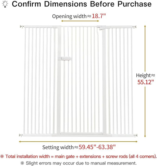 Lumizone Extra Tall Cat Gate 55.12" High Pressure Mounted Extra Wide 2025 New (17 Sizes) 1.37" Gap No Drilling Auto-Close One-Handed Operation Tall Pet Gate for Dogs(White, 55.12" H x 59.45"-63.38" W)