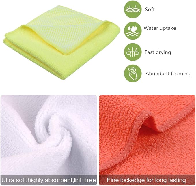 SINLAND 5 Color Assorted Microfiber Dish Cloth Towels Best Kitchen Cloths Cleaning Cloths with Poly Scour Side 12"x12" 5Pack (Pink+Blue+White+Yellow+Green)