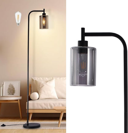 DLLT Floor Lamp Tall for Room: Black Standing Lamp with Grey Glass Lampshade for Living Room - Modern Bright Lamp for Bedroom - Industrial Corner Floor Lamps for Office 8W Led Bulb Included