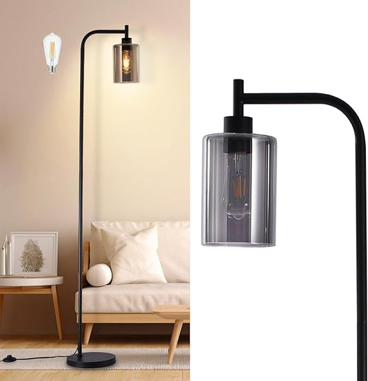 DLLT Floor Lamp Tall for Room: Black Standing Lamp with Grey Glass Lampshade for Living Room - Modern Bright Lamp for Bedroom - Industrial Corner Floor Lamps for Office 8W Led Bulb Included