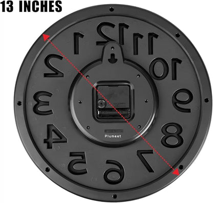 Plumeet 13'' Wall Clock, Large Battery Operated Wall Clocks Silent Non-Ticking Quartz, Modern Style Suitable for Bedroom Living Room Office Decor - 3D Numbers Display Easy to Read, Black
