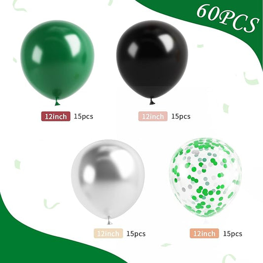 Dark Green Black Silver Balloon, 60 Pcs 12 Inches Silver Green Black Confetti Balloons for Boys Men Football Video Gamer Soccer Army Graduation Baby Shower Birthday Party Decorations