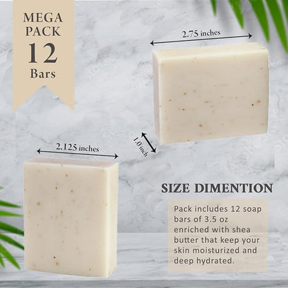 Oatmeal & Bran Scented Natural Soap Bars (12 Bars), 3.5oz Moisturizing French Triple Milled Soap Bars Enriched with Shea Butter - Pure Plant Oil Bath & Body Bars