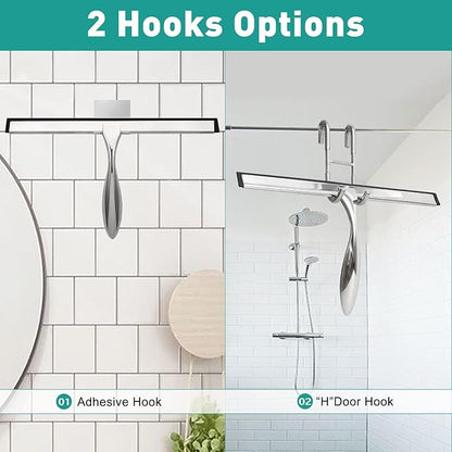 Shower Squeegee for Glass Doors,14-Inch Shower Glass Squeegee, Sliver Shower Squeegee for Shower Doors,Mirror,Windows, with Shower Door Hook and Adhesive Hook