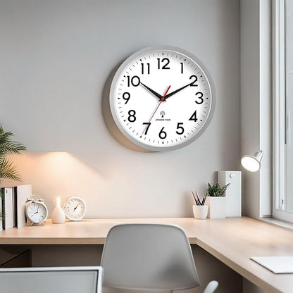 Atomic Wall Clock Analog 14 Inch Battery Operated Modern Decorative for Living Room Kitchen Office Bedroom Bathroom(Silver)