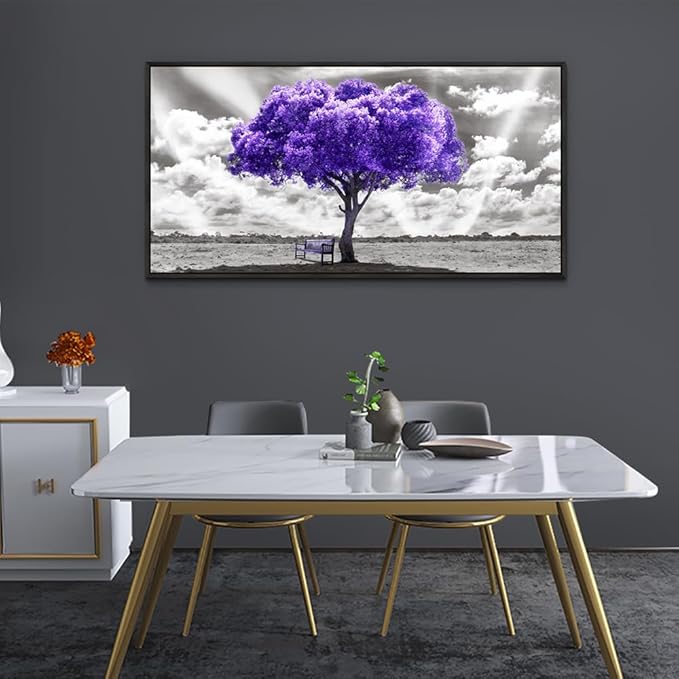 Wapluam Black Framed Canvas Wall Art For Living Room Large Wall Decor For Bedroom Wall Decoration Office Purple Tree Pictures Artwork Abstract Black and White Wall Painting Ready to Hang 20" x 40"