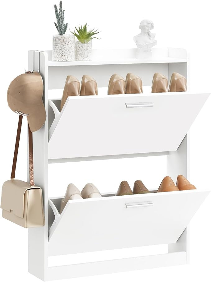 Shoe Cabinet Organizer with 2 Flip Drawers，Freestanding Shoe Rack Cabinet，Narrow Shoe Cabinet Storage for entryway，Foyer, Hallway, White, 23.6" W × 6.3" D × 33.1" H