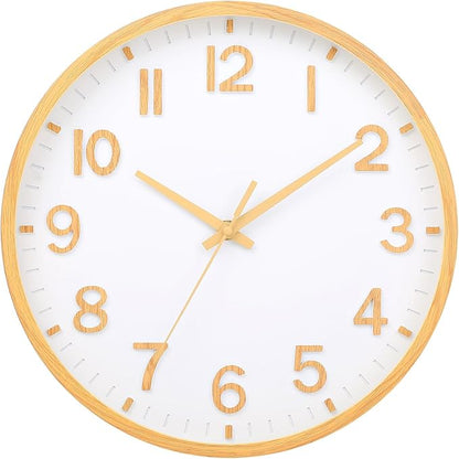 Wall Clocks Battery Operated 12 inch Modern Wall Clock,Silent Non Ticking Wall Clock for Living Room Bedroom Kitchen Office Classroom Decor (Wood Grain Yellow White)