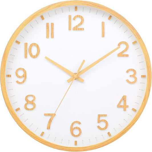Wall Clocks Battery Operated 12 inch Modern Wall Clock,Silent Non Ticking Wall Clock for Living Room Bedroom Kitchen Office Classroom Decor (Wood Grain Yellow White)