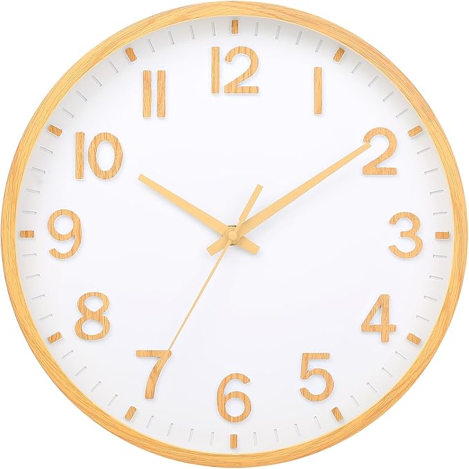 Wall Clocks Battery Operated 10 inch Modern Wall Clock,Silent Non Ticking Wall Clock for Living Room Bedroom Kitchen Office Classroom Decor (Wood Grain Yellow White)