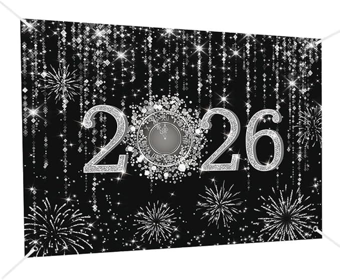 MEHOFOND 8x6ft Black and Silver 2026 New Year Backdrop Cheers to 2026 Photography Background Hello 2026 Fireworks Dripping Glitter Dots Clock Decor Time to 2026 New Year Eve Cake Smash Photo Props