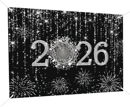 MEHOFOND 8x6ft Black and Silver 2026 New Year Backdrop Cheers to 2026 Photography Background Hello 2026 Fireworks Dripping Glitter Dots Clock Decor Time to 2026 New Year Eve Cake Smash Photo Props