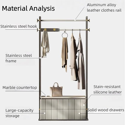 Clothes Rack for Hanging Clothes 33IN (Metal Hanging Rod) (Storage Drawers) White Plaid Wardrobe Garment Coat Organizer