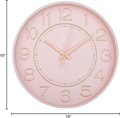 HZDHCLH 10 inch Small Wall Clocks Battery Operated,Silent No Ticking Clock for Wall,Modern Quartz Wall Clock for Living Room Bedroom Kitchen Office School Classroom Decor (Pink& Rosegold)